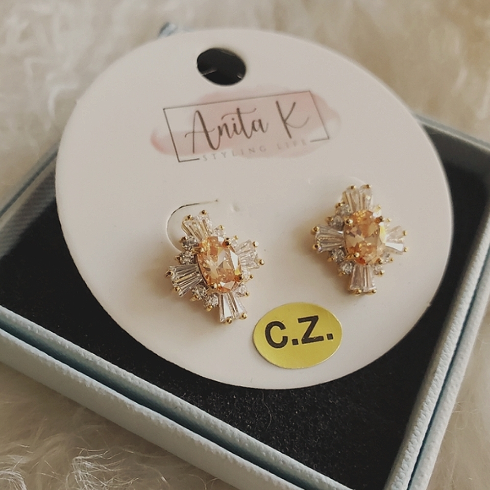 💖Anita K Gold and Crystal Stud Earrings/ Cubic Zirconia - New